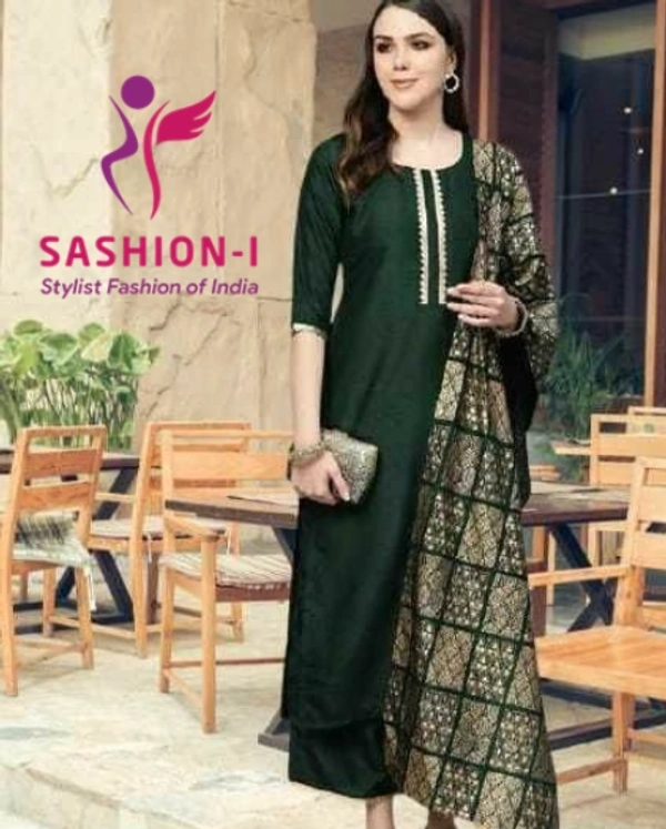 Hunter Green Gotta Chanderi Kurta Set with Festive Traditional Stole - Bottle Green